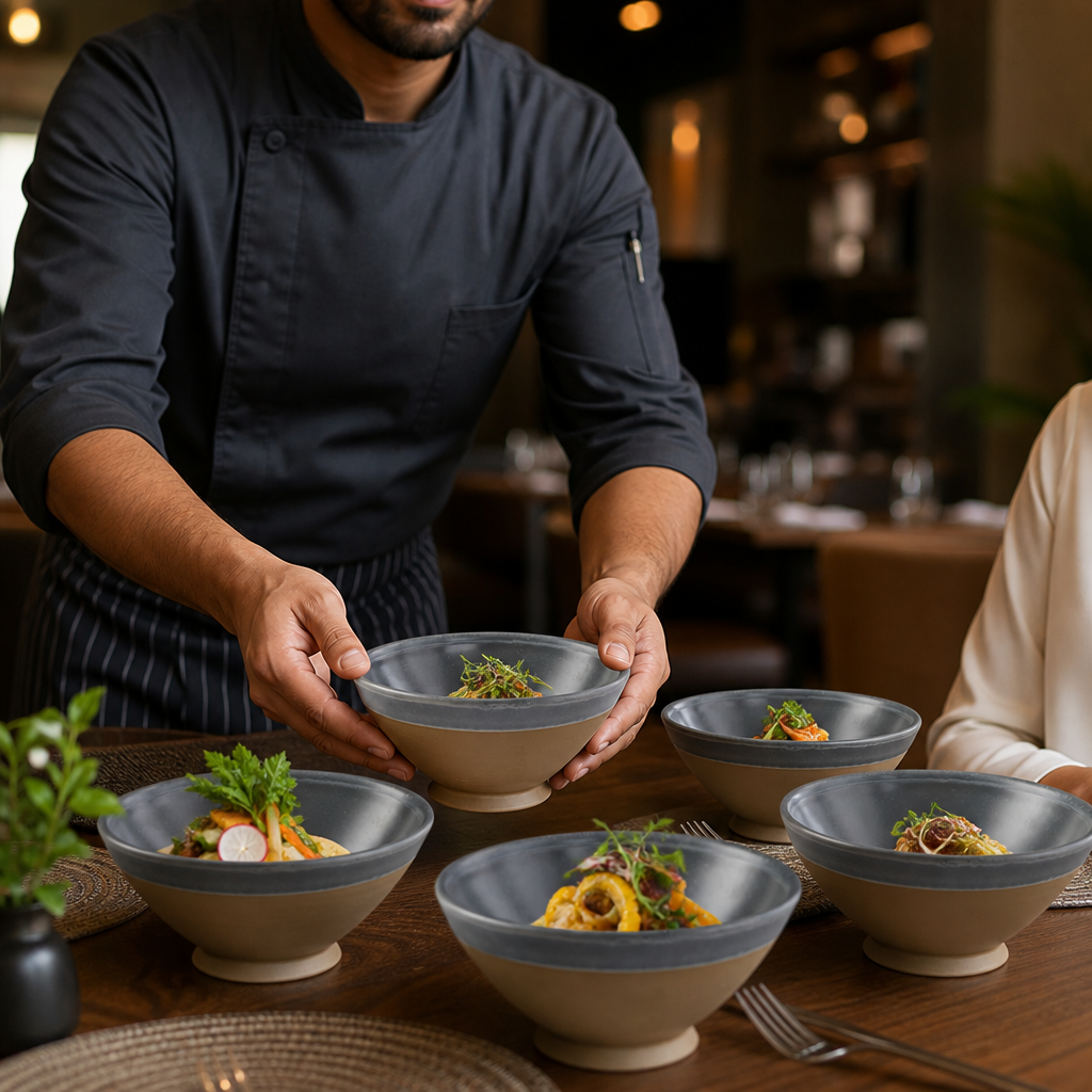 Footed Bowls 155mm Grey Vitrified Ceramic for Table Serving (Pack of 6)