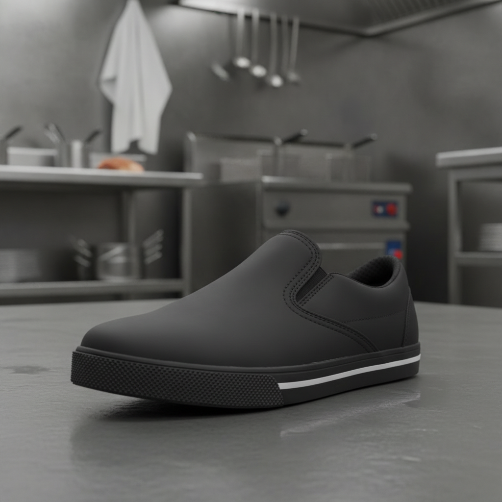 Microfibre Slip Resistant Slip-On Shoes in Matte Black for Professional Kitchens