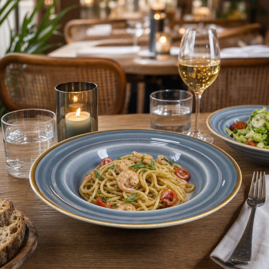 Porcelain Pasta Bowls in Ocean Effect for Family Diners