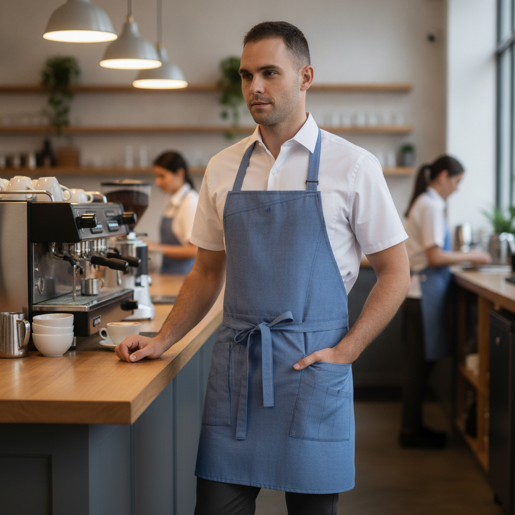 Polycotton French Blue Short Bib Apron for Front of House Service