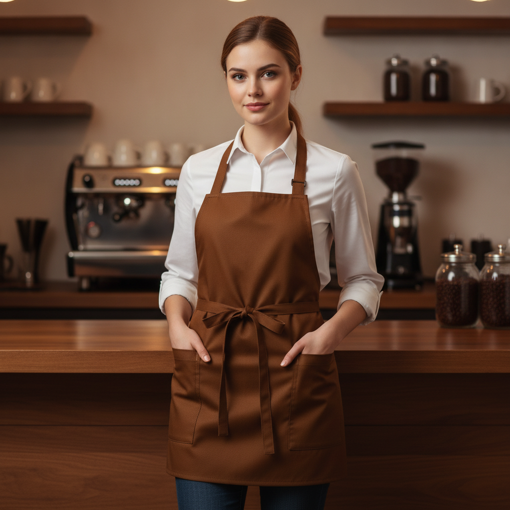 Polycotton Brown Short Bib Apron for Front of House Service