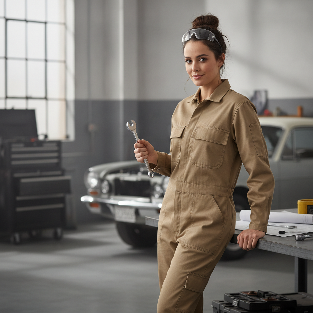 Beige Polycotton Women's Everyday Coverall for Practical Use