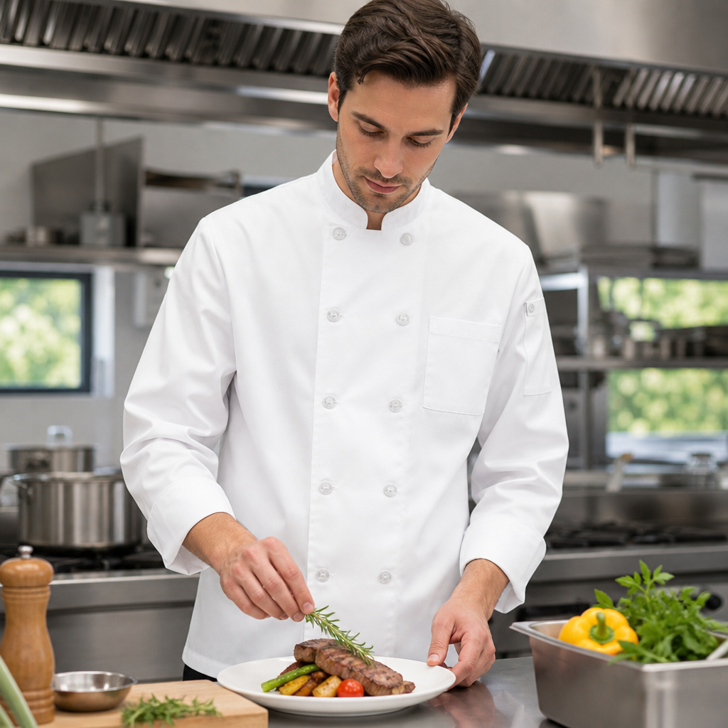 White Polycotton Chef Jacket with Long Sleeves for Professional Catering
