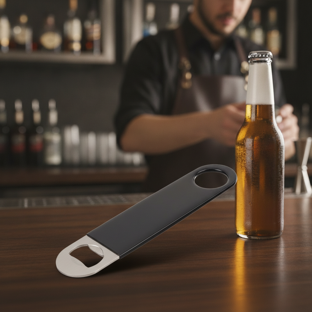 Stainless Steel Bar Blade Bottle Opener with PVC Grip for Bartenders