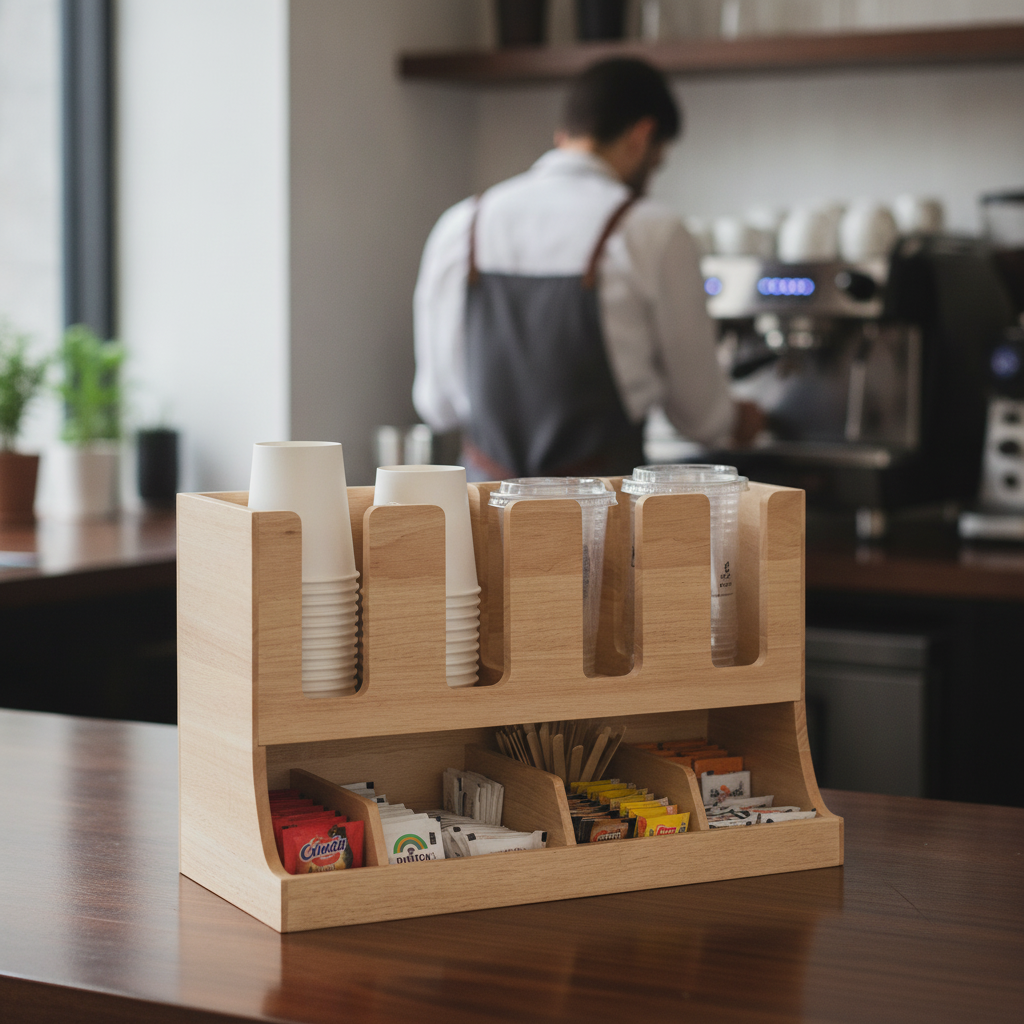 Hevea Wood Cup and Condiment Station for Cafés & Restaurants