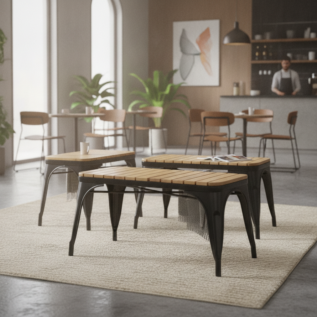 Mango Wood Indoor Bench with Black Powder Coated Steel Frame 450mm for Cafés & Lounges (Pack of 2)