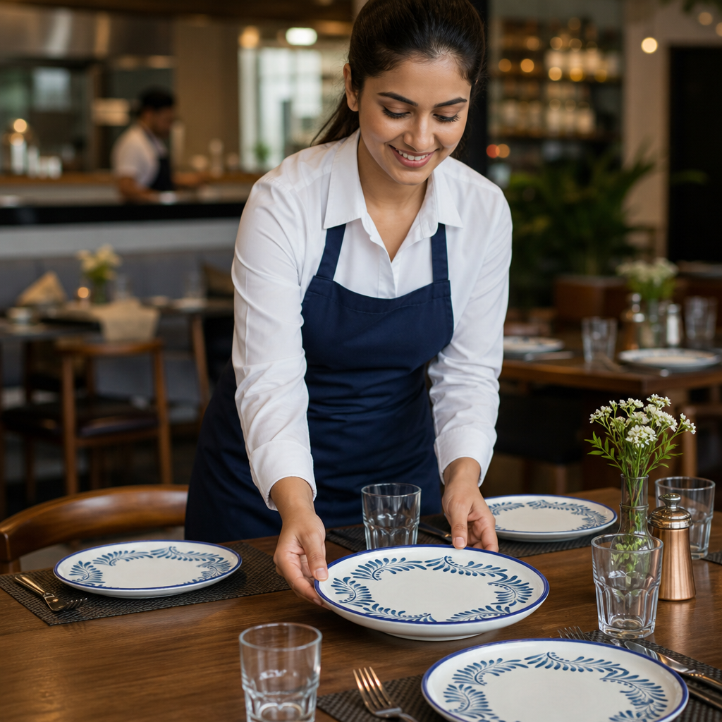 Round Walled Plates Vitrified Finish Blue Ceramic for Dining (Pack of 6)