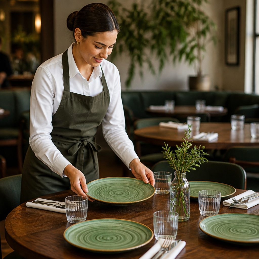 Hand Decorated Walled Plates Green Vitrified Ceramic for Dining Tables (Pack of 6)