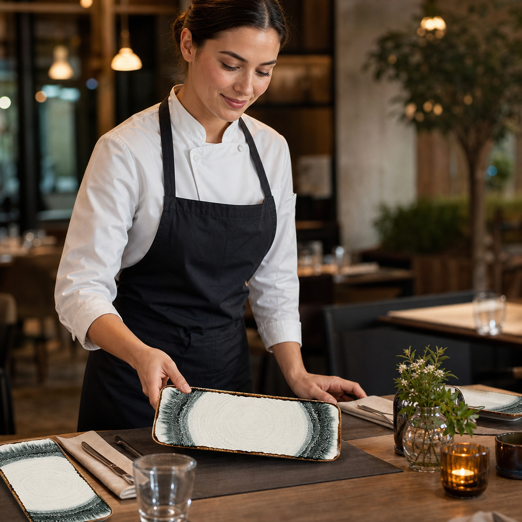 Vitrified Organic Rectangular Plates 346x156mm China for Table Settings (Pack of 6)