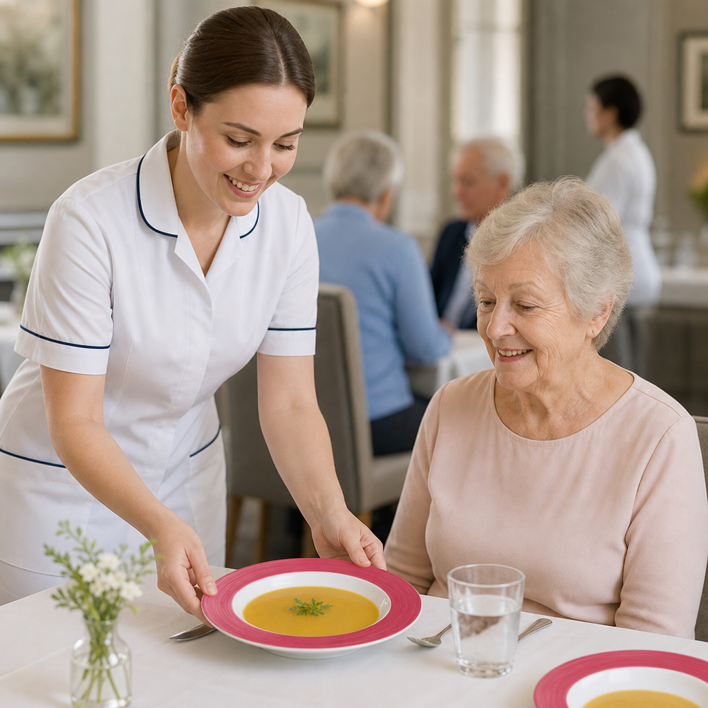 Opal Glass Soup Plates with Brush Coloured Rim 225mm for Healthcare Environments