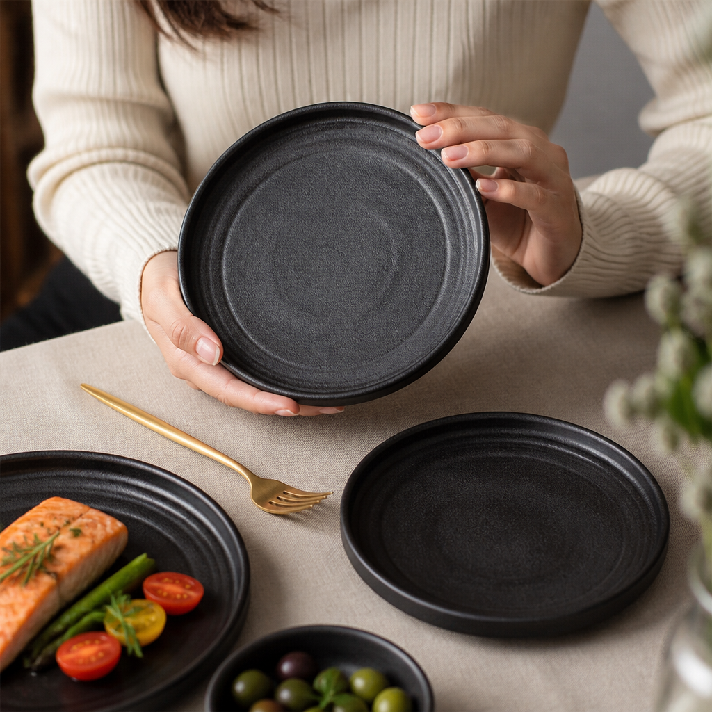Textured Black Porcelain Flat Round Plates 180mm for Unique Table Settings