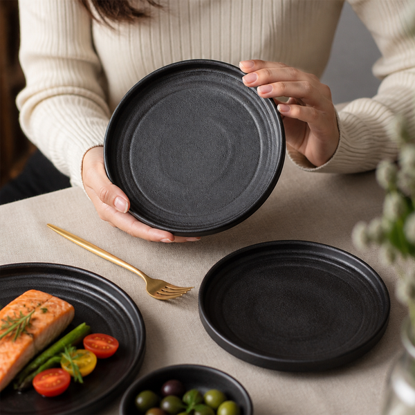 Textured Black Porcelain Flat Round Plates 180mm for Unique Table Settings, Porcelain, pack of 6