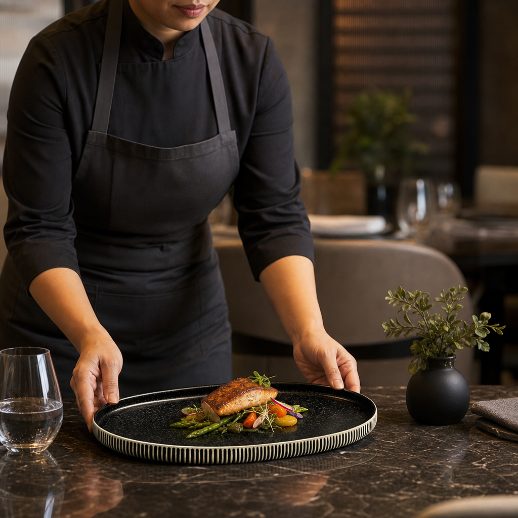 Black & Oval Plates 300x200mm White Stoneware for Modern Dining (Pack of 6)