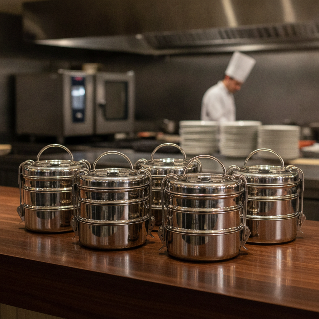 Stainless Steel Three-Tier Tiffin Tin 115mm for Meal Service (Pack of 6)