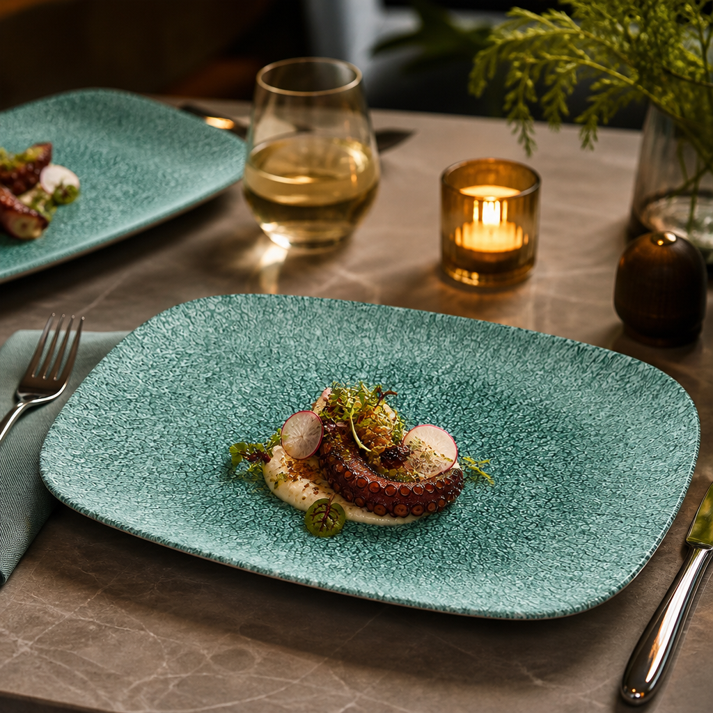 Oblong Chef Plates Green Porcelain for Creative Dining (Pack of 12)