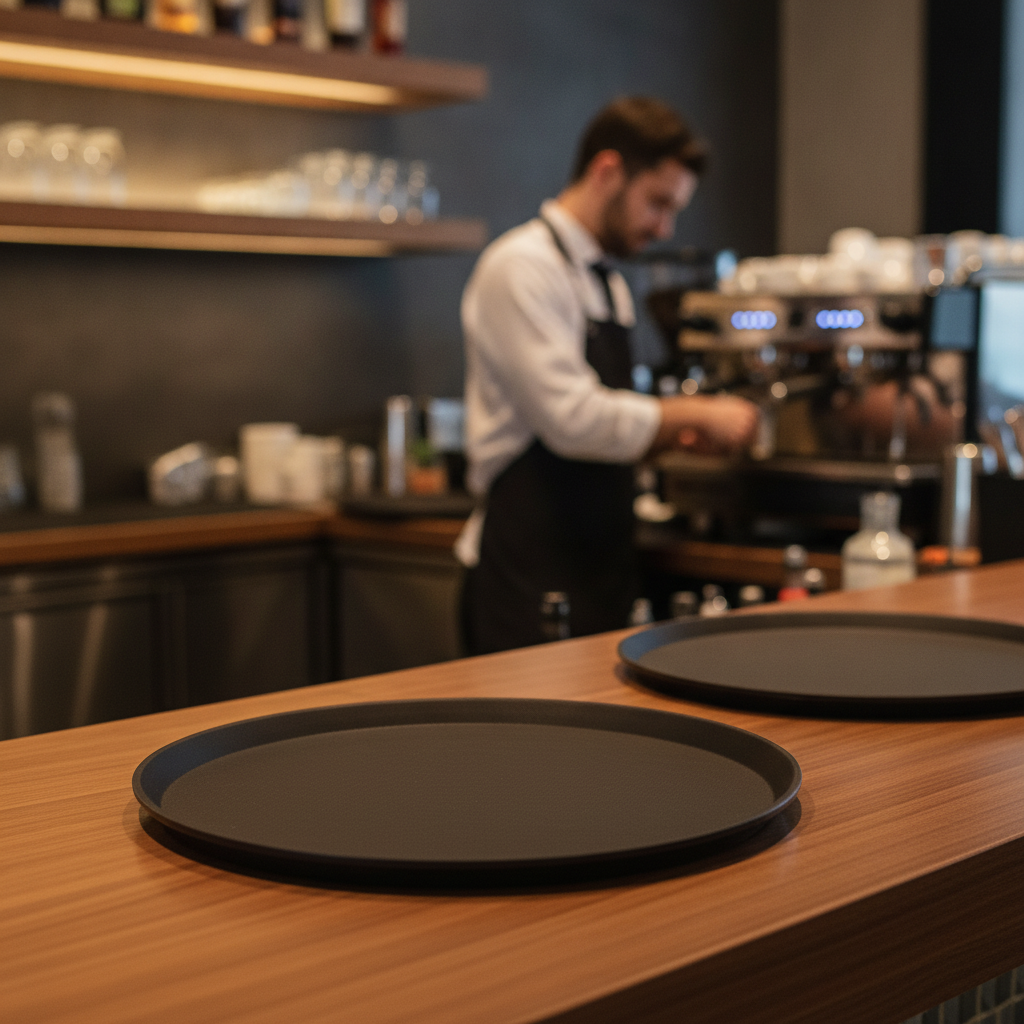 Fibreglass Round Non-Slip Tray Black for Restaurants & Bars
