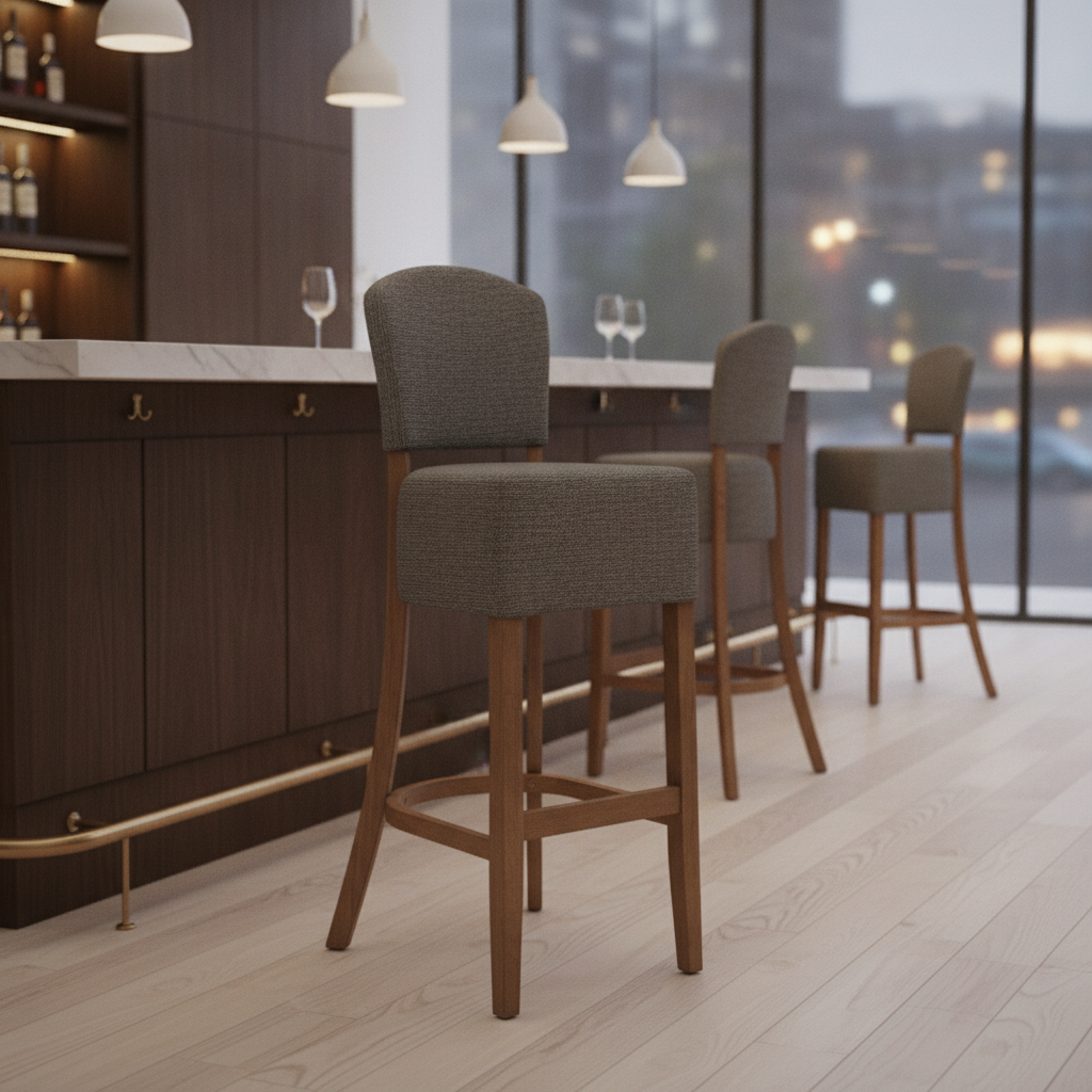 Rubber Wood Bar Chair with Grey Upholstery 1175mm for Commercial Use