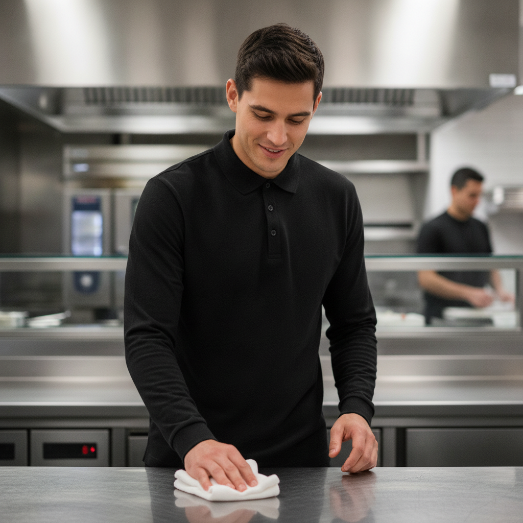 Cotton Blend Black Long Sleeve Polo for Staff Uniforms