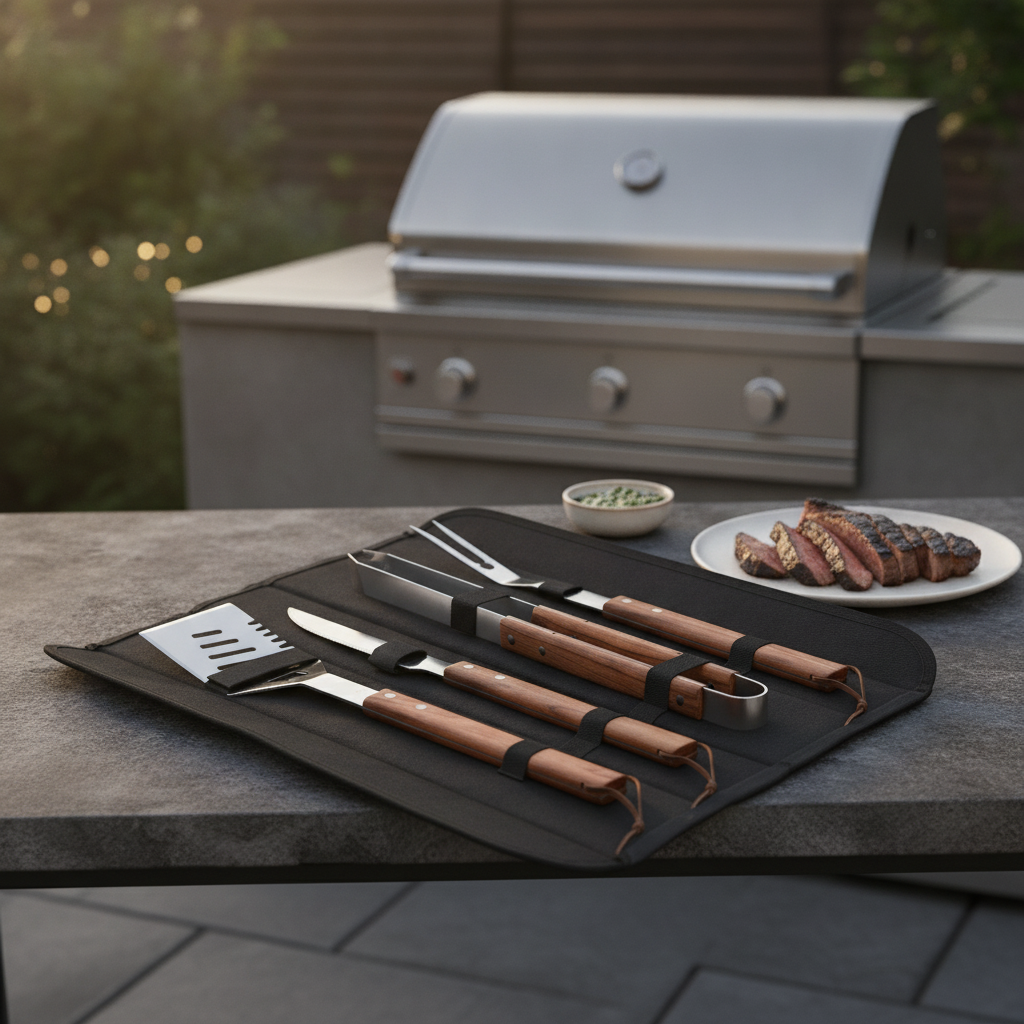 Stainless Steel BBQ Utensil Set with Bubinga Wood Handles for Outdoor Cooking
