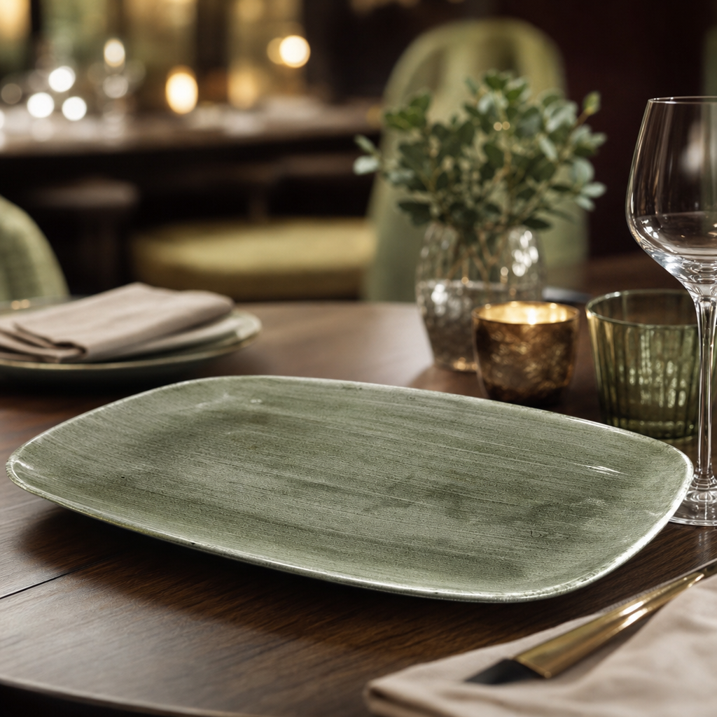 Oblong Plates Green Porcelain for Stylish Dining (Pack of 6)