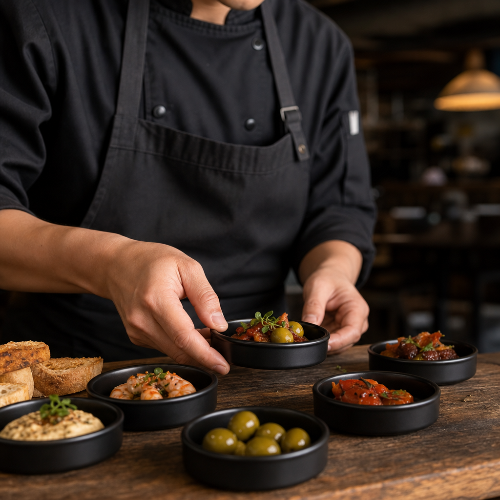 Stackable Dishes Matt Black Stoneware for Tapas & Mezze (Pack of 6)