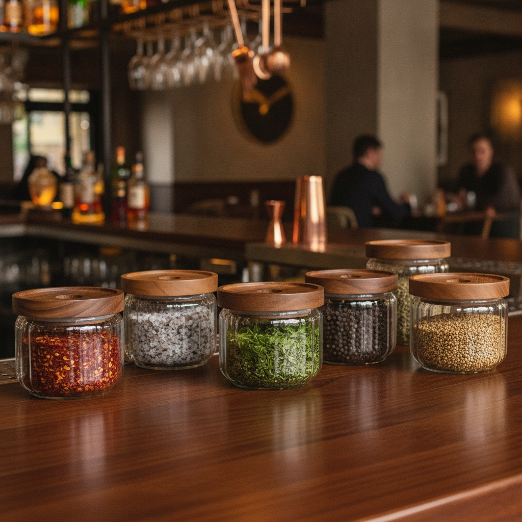 Glass Condiment Jar with Acacia Wood Lid 390ml for Bars & Pubs (Pack of 24)