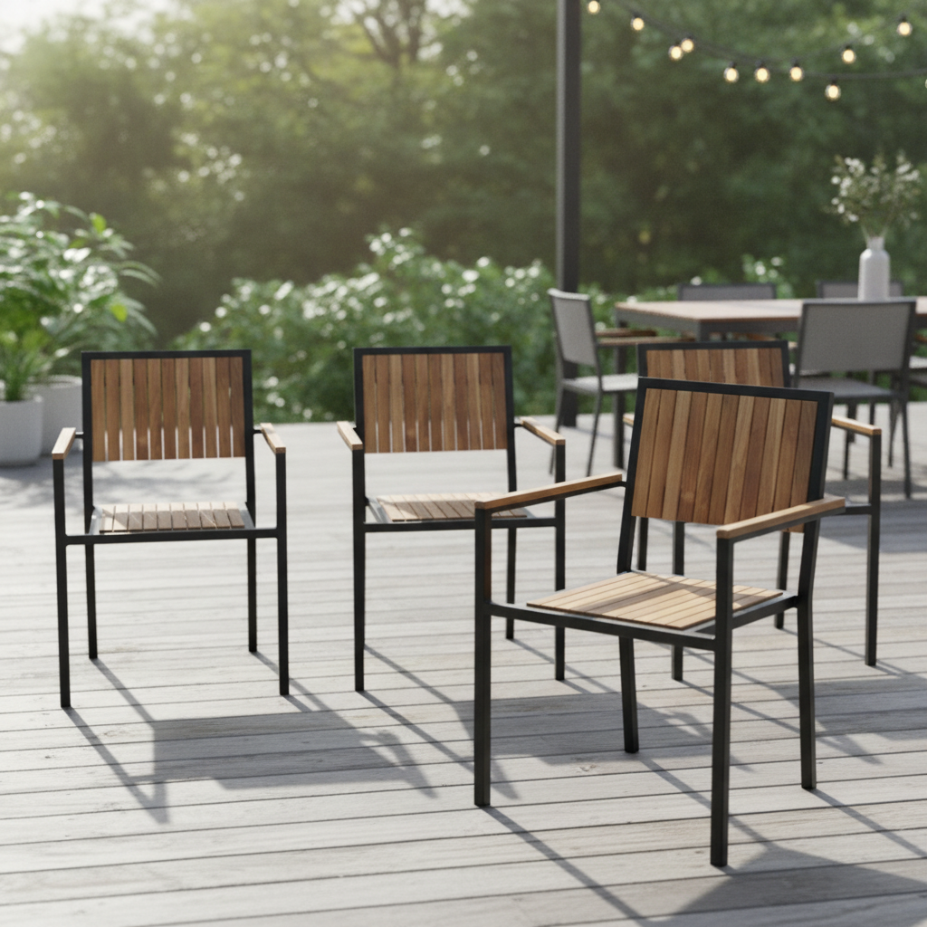 Acacia Wood & Powder-Coated Steel Armchairs 860x550mm for Indoor & Outdoor Use (Pack of 4)