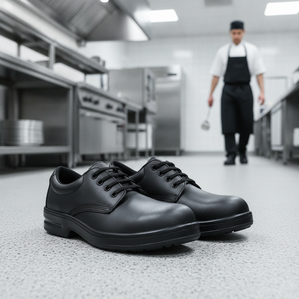 Polyurethane Black Safety Shoes with Steel Toe Cap for Commercial Kitchens