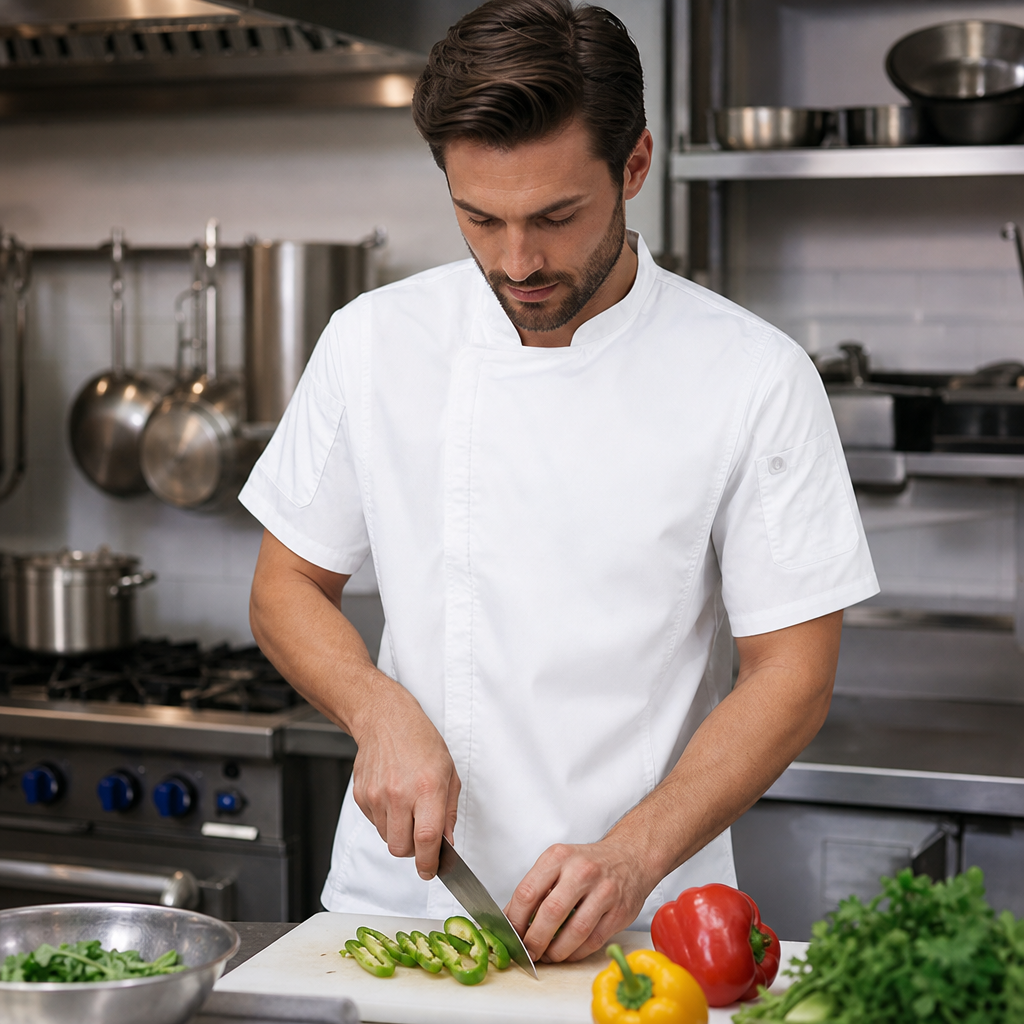 White Polycotton Chef Jacket with Cool Vent Technology for Busy Kitchens
