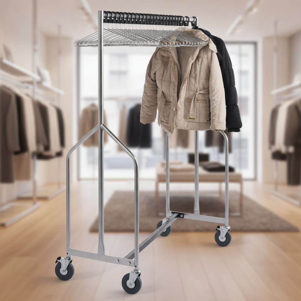Metal Garment Rail with 25 Anti-Theft Hangers for Commercial Use