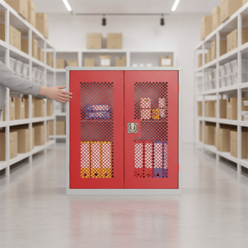 Powder Coated Steel Mesh-Fronted Stock Control Cupboard for Retail Spaces