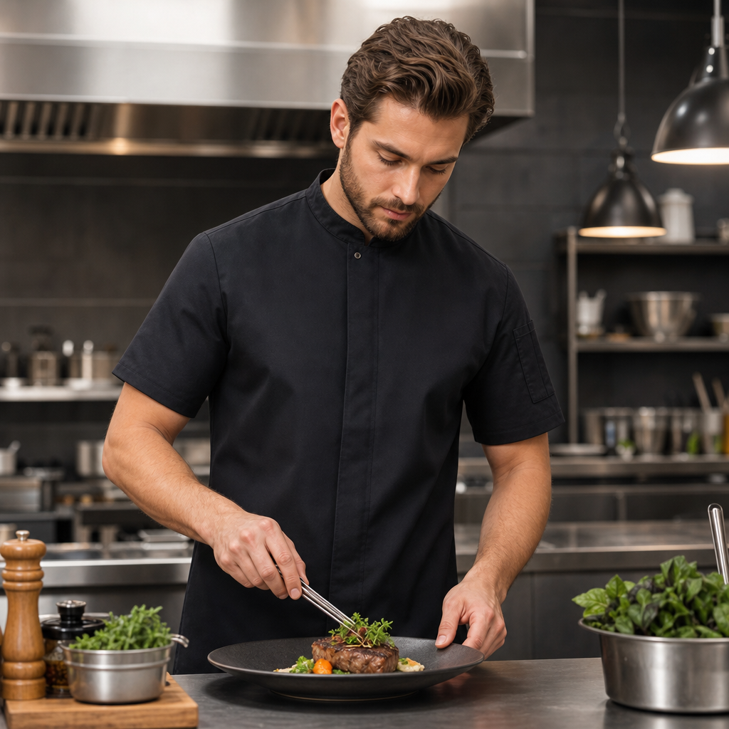 Short Sleeve Black Chef Jacket for Modern Kitchens