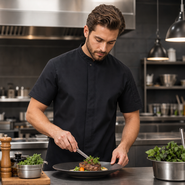 Short Sleeve Chef Jacket Black, Cotton &amp; Recycled Polyester