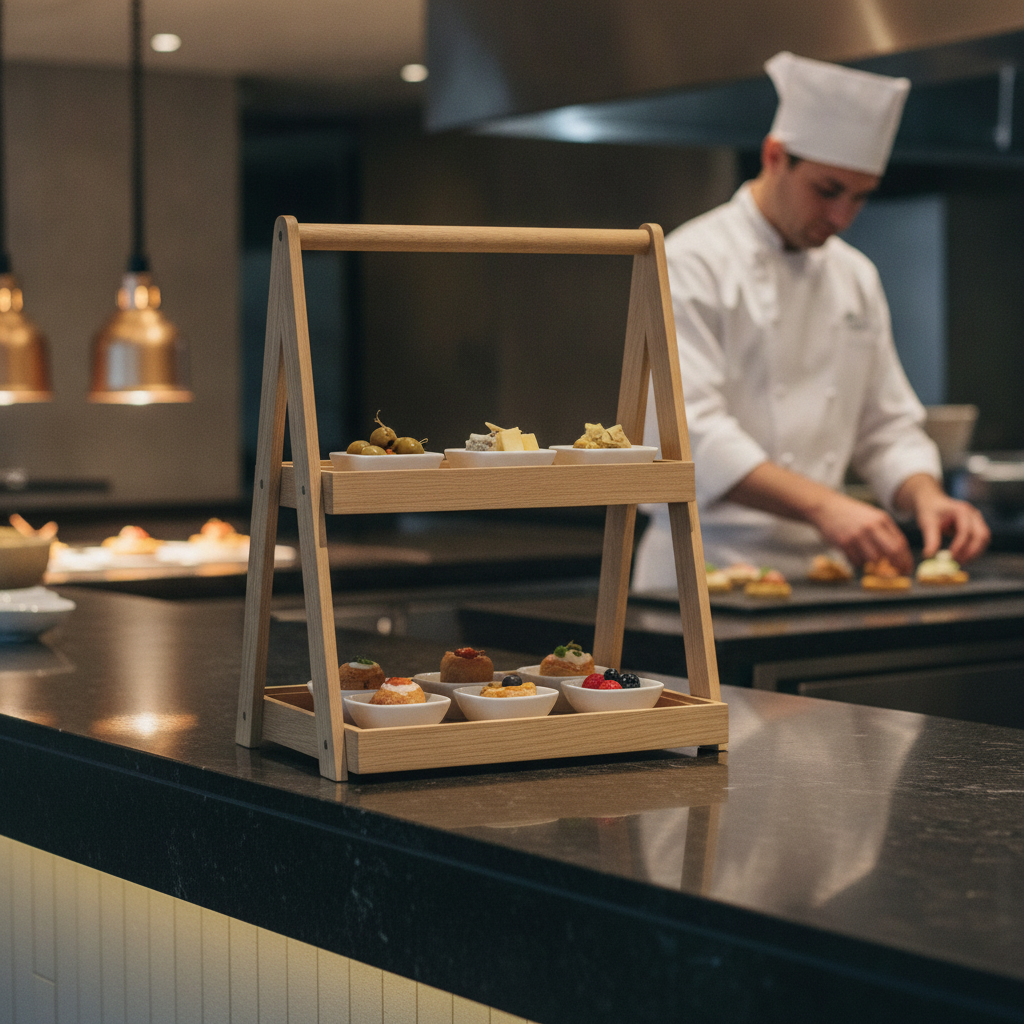 Oak Wooden Two-Tier Tray 445mm for Buffet Displays