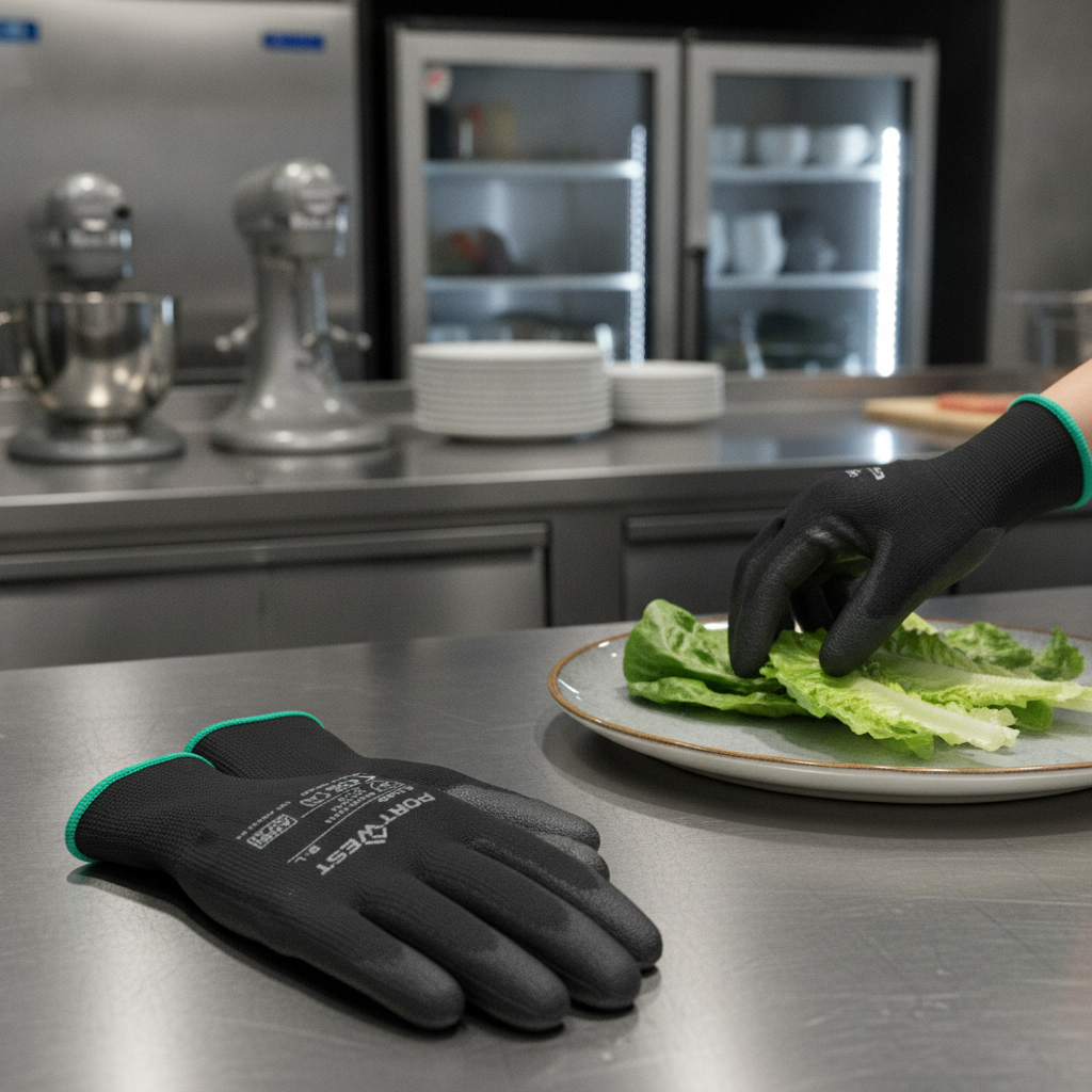 Polyester Blend Black PU Palm Gloves for Food Safety