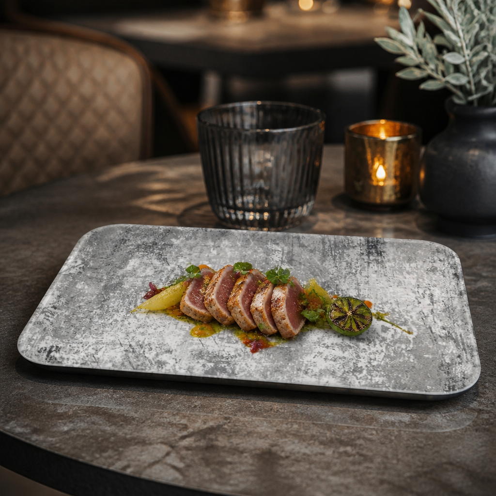 Organic Rectangular Plates Grey China for Contemporary Dining (Pack of 12)