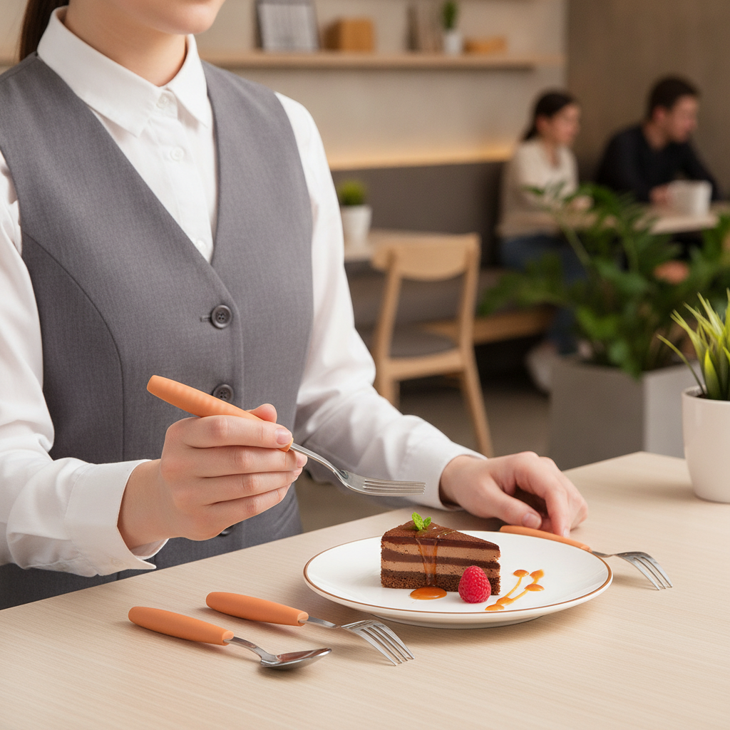 18/0 Stainless Steel Dessert Forks with Orange Handles for Cafeterias (Pack of 12)