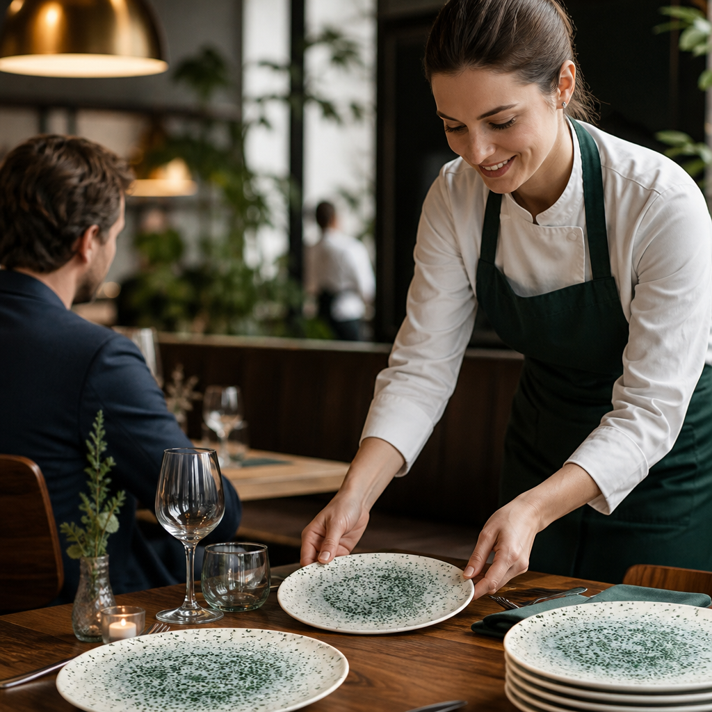 Centre Print Organic Round Plates 210mm Green Vitrified Ceramic for Stylish Table Service (Pack of 12)
