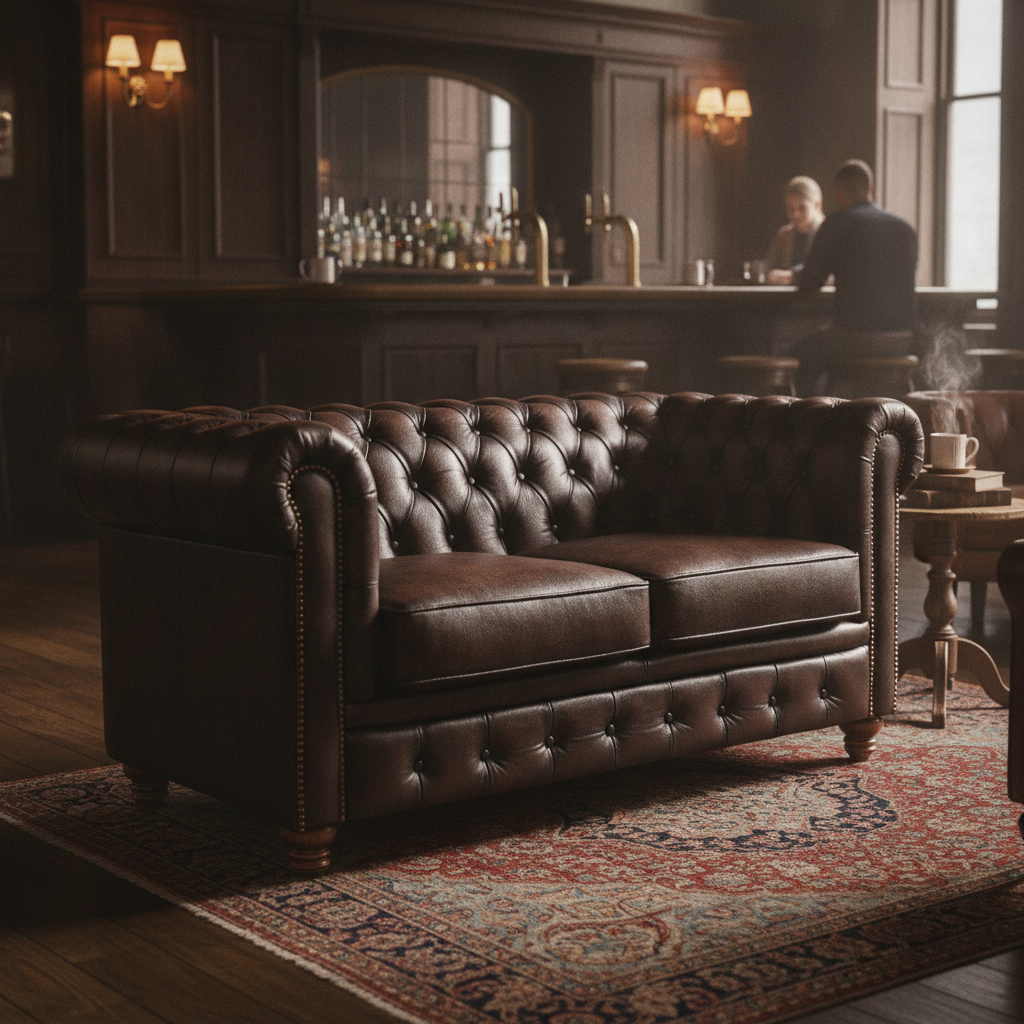 Antiqued Brown Leather Chesterfield Two-Seater Sofa 780mm for Pubs & Cafés