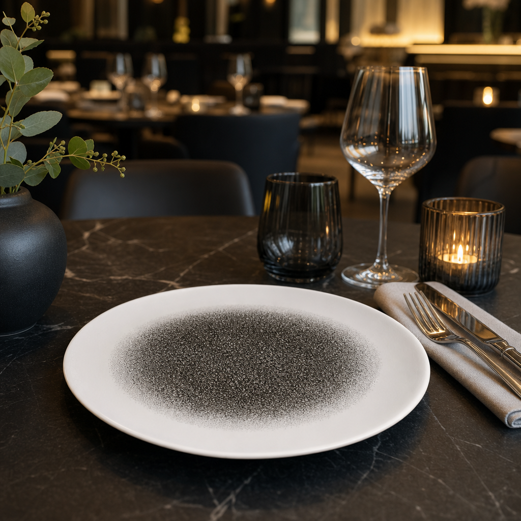 Round Trace Plates Black Porcelain for Elegant Dining (Pack of 12)