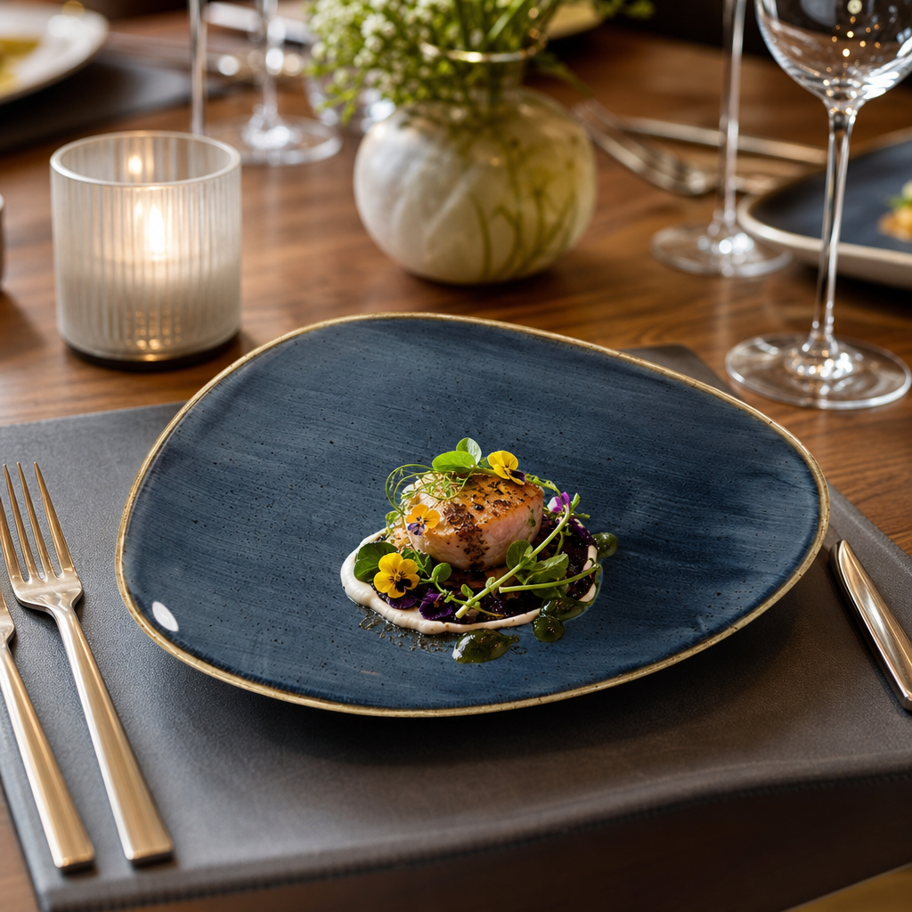 Triangular Chef's Plates Blue Vitrified Ceramic for Serving Unique Dishes (Pack of 12)