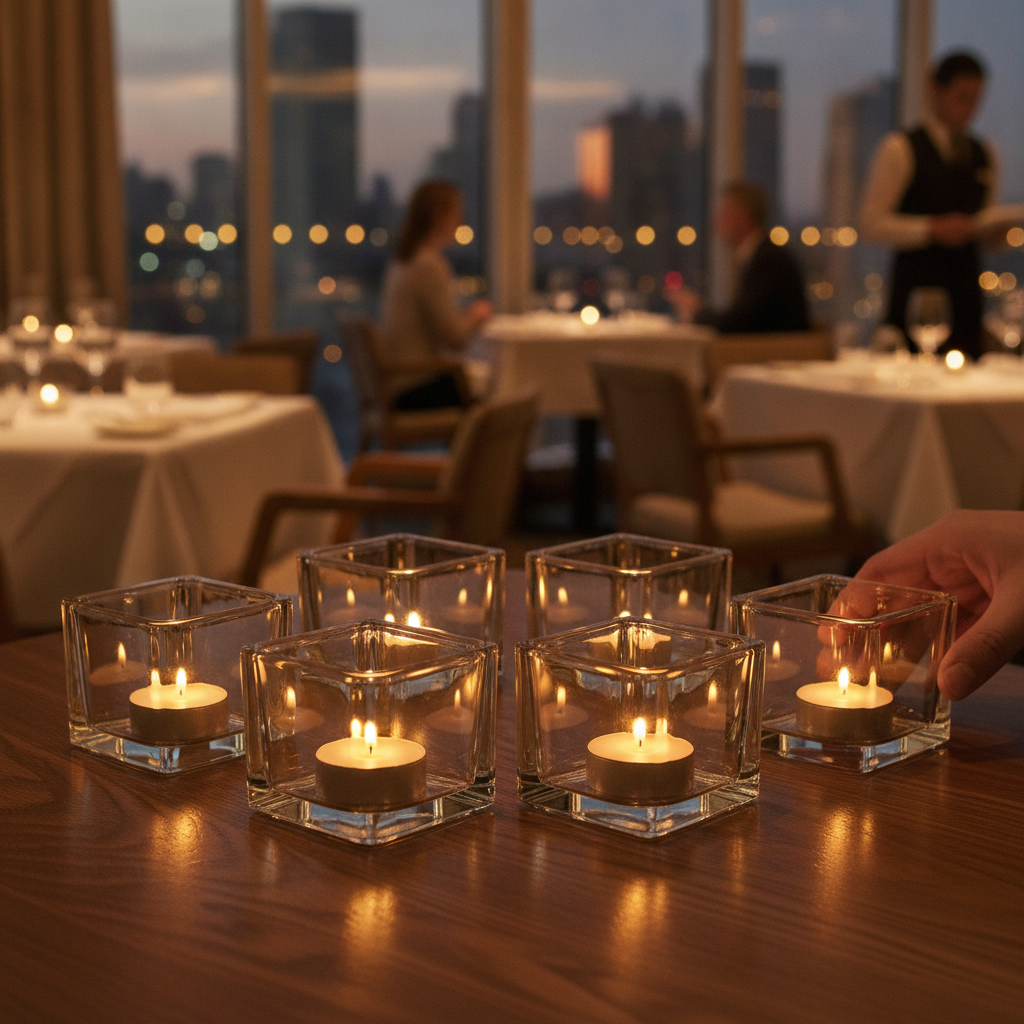 Glass Tealight Holders Square Clear 60x60mm for Dining Atmosphere (Pack of 6)