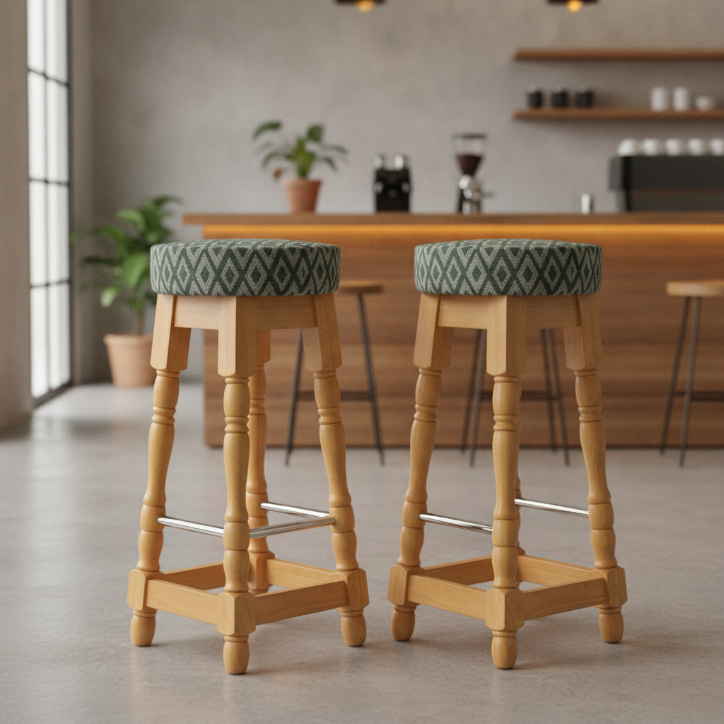 Rubber Wood High Bar Stools with Green Diamond Seat 770x345mm for Pubs & Cafés (Pack of 2)