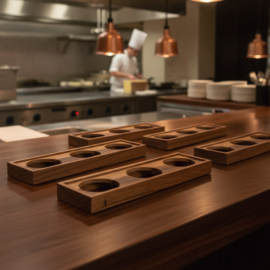 Natural Hardwood 3-Bowl Presentation Platform 445x130mm for Catering (Pack of 4)
