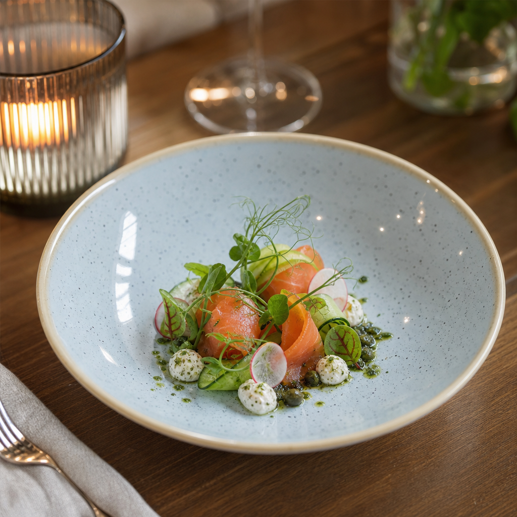 Stonecast Round Coupe Bowls in Duck Egg Blue for Serving Starters & Desserts