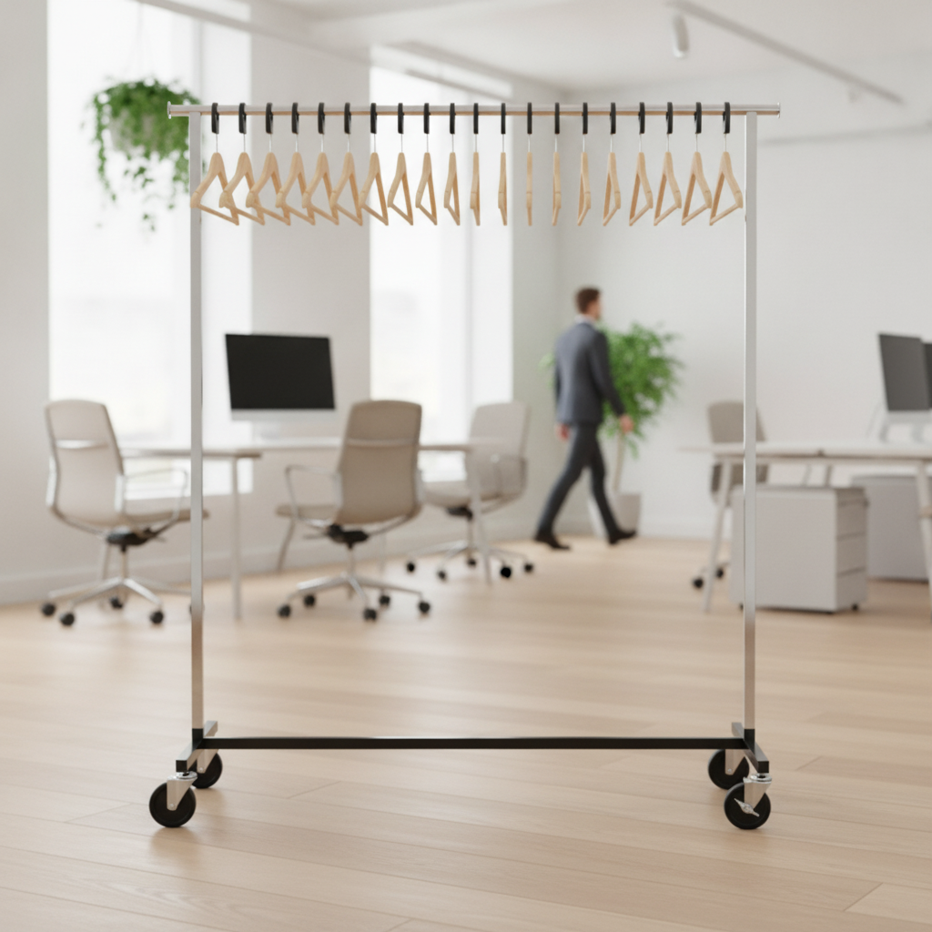 Steel Garment Rail with 20 Wooden Hangers for Offices