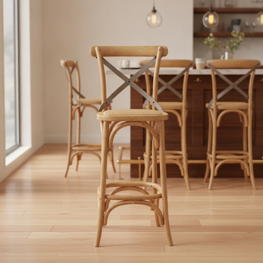 Birch Wood Barstool with Rattan Seat 1100x450mm for Cafés & Bistros