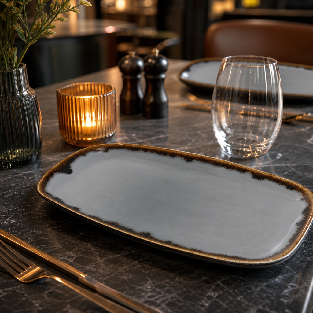 Hand-Finished Oblong Plates Grey Porcelain for Modern Dining (Pack of 6)