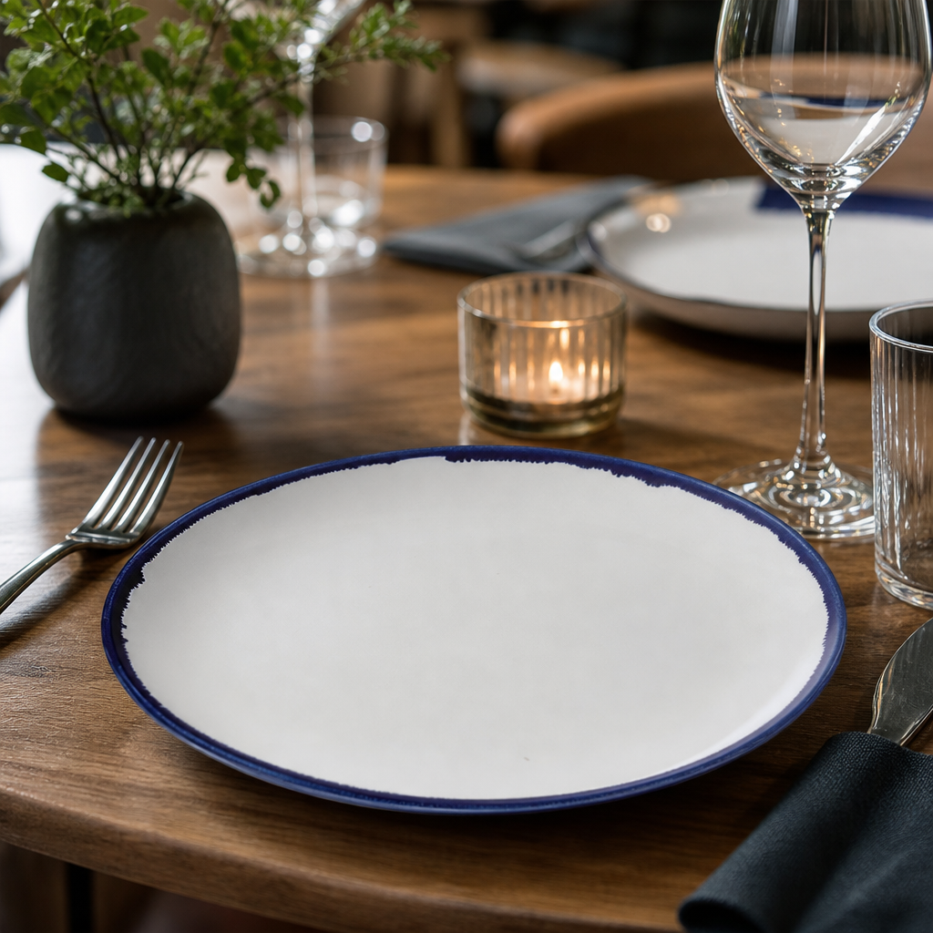 Hand-Finished Coupe Plates Blue Porcelain for Modern Dining (Pack of 12)