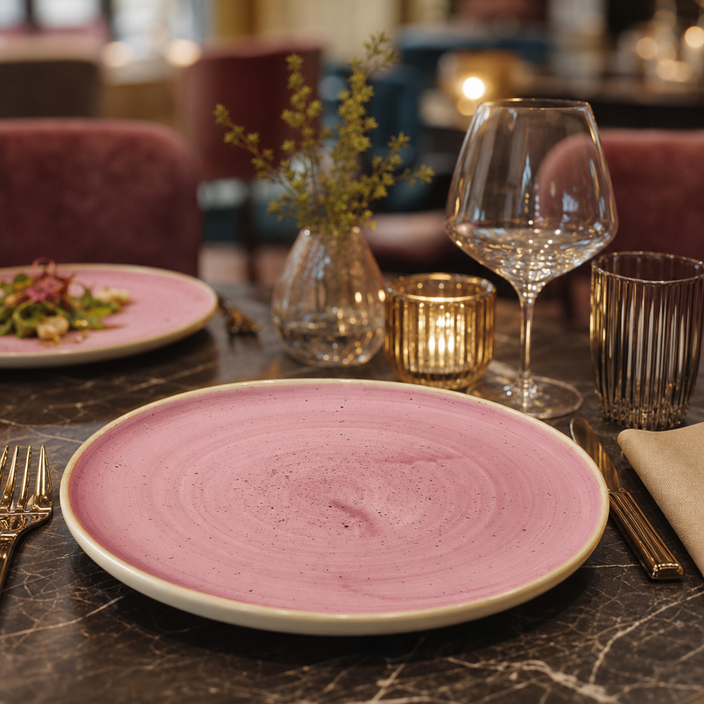 Hand Painted Walled Plates Pink Vitrified Ceramic for Elegant Table Settings (Pack of 6)